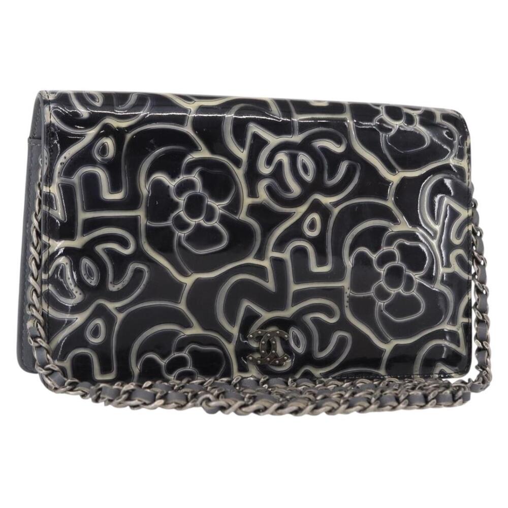 CHANEL Camellia COCO Mark Chain Wallet Patent leather Gray Silver CC Auth 159748